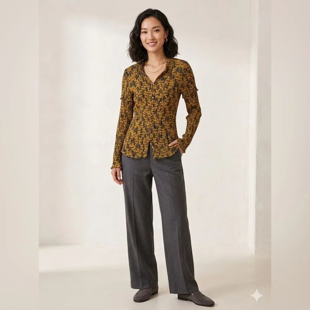The Fold London Size 10 Textured Button Front Top Mustard Black Stretch Blouse